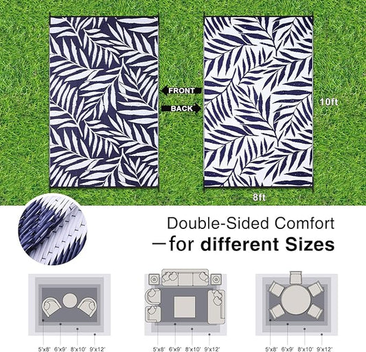 OLANLY Waterproof Outdoor Rug 8x10 ft, Reversible Outdoor Plastic Straw Rug with Leaf Pattern, RV Mat, Indoor Outdoor Carpet for Patio, Camping, Balcony, Deck, Backyard, Navy & White