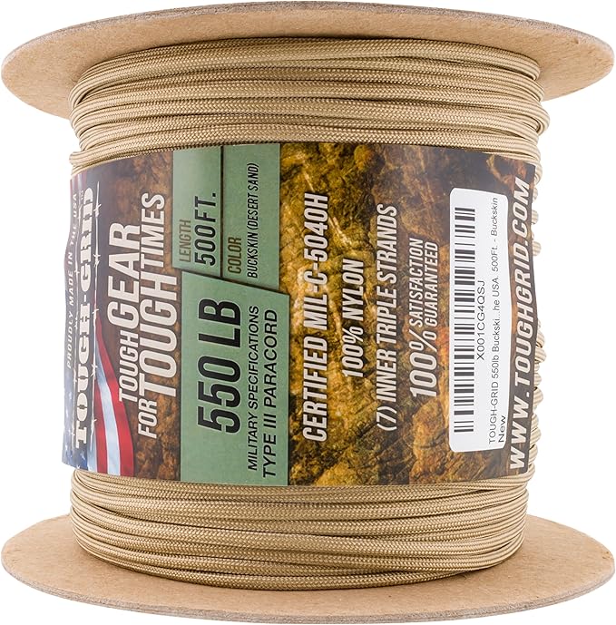 TOUGH-GRID Premium Buckskin Paracord 550 lbs Made in USA Outdoor Survival Nylon Rope Tactical Heavy Duty Strands Parachute Cord Used by US Military Type III Mil-Spec