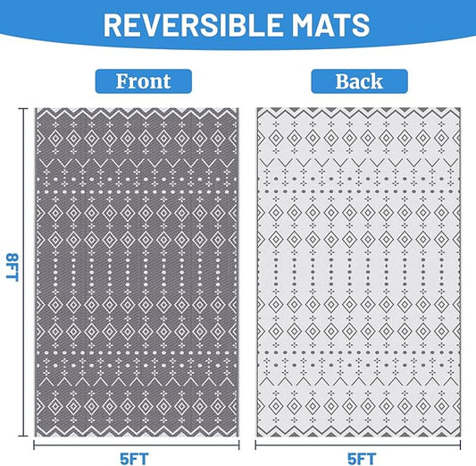 StepRite 5’ x 8’ Reversible Outdoor Rug, Waterproof Plastic Straw Rug, Patio Rug, Large Modern Area Rug Carpet, Indoor Outdoor Rugs for Camping, Porch, Deck, Balcony, Backyard, RV, Picnic(Grey)