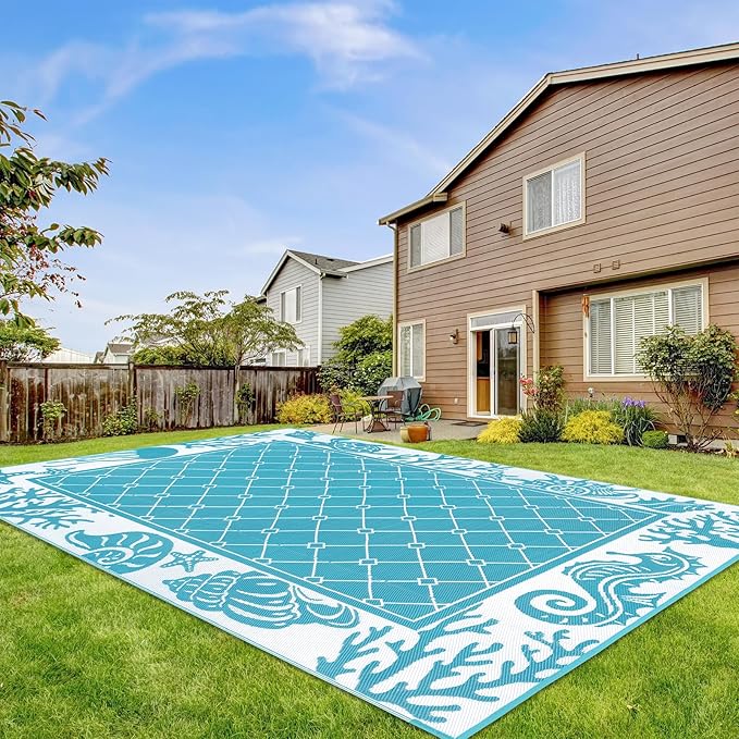 Vaukki Reversible Rugs, Plastic Straw Outdoor Doormat, Fade Resistant Plastic Outdoor Patio Mat, Lightweight Ocean Area Carpet for Patio, RV, Camping, Beach, Deck, Backyard and Picnic (Teal, 9'x12')