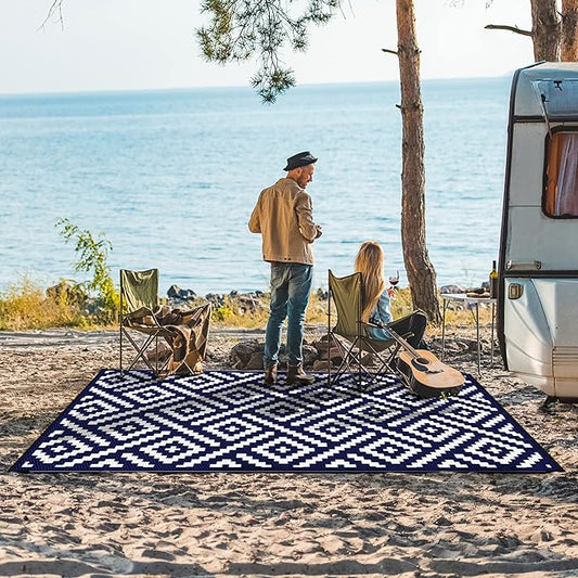 GENIMO 5x8 Outdoor Rug Waterproof, Reversible Mats, Area Rug, Plastic Outside Carpet, Geometric Rv Mat for Patio Camping Picnic Backyard Deck Balcony Porch Beach Trailer (Navy Blue & White)