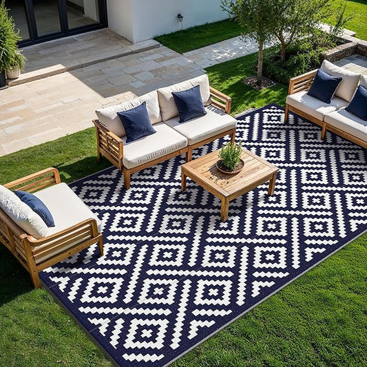 GENIMO Outdoor Rug for Patio Clearance, 10'x14' Waterproof Large Camping Mat, Reversible Plastic Straw Rugs for RV, Camper, Balcony, Backyard, Picnic, Deck (Navy Blue & White)