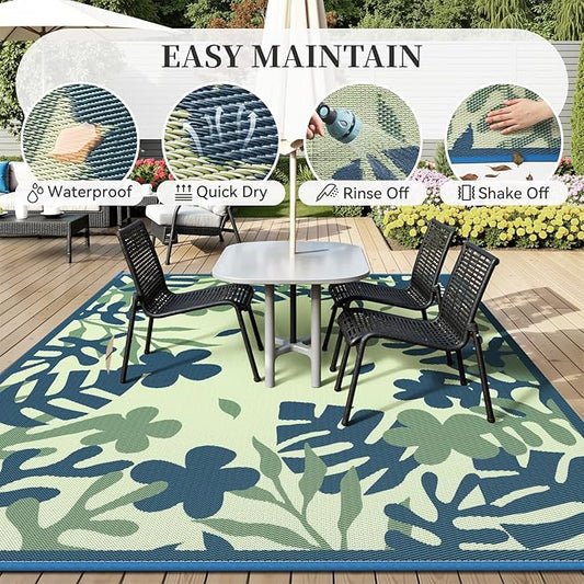MontVoo Outdoor Rug Waterproof 5x8 ft RV Outdoor Rug for Camping Picnic Mat Outdoor Patio Rug Carpet Plastic Straw Reversible Floral Teal Blue Green