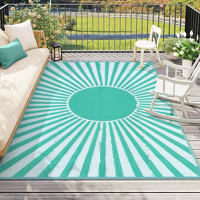 Wonnitar 8x10 Outdoor Rug Waterproof - Large Reversible Patio Rugs, Lightweight Plastic Straw Patios Mat for RV, Portable Outdoor Camping Carpet for Deck Picnic (Blue-Green, 8'x10')