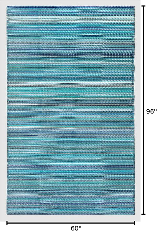 FH Home Outdoor Camping Rug - Waterproof, Fade Resistant, Reversible - Premium Recycled Plastic - Striped - Patio, Deck, Sunroom, RV - Havana - Turquoise - 5 x 8 ft Foldable