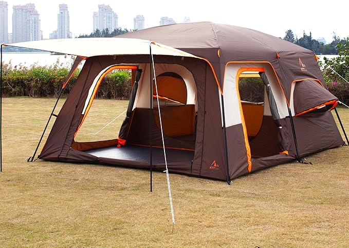 KTT Extra Large Tent 12 Person,2 Bay-Windows,Family Cabin Tents,14'Lx10'Wx6.58'H,2 Rooms and 3 Doors 3 Windows with Mesh,Waterproof,Straight Wall,Big Tent for Outdoor,Picnic,Camping,Gathering