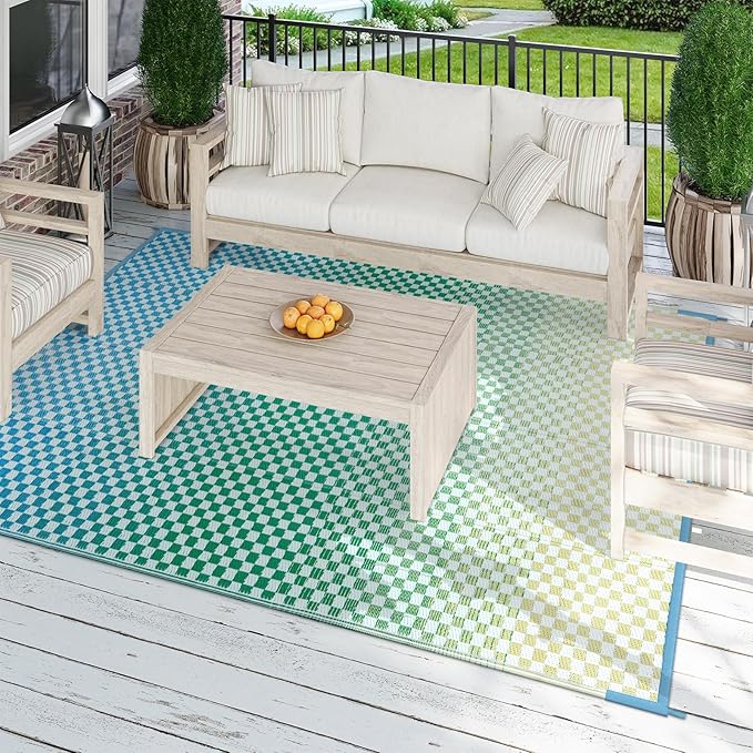 Wonnitar 8x10 Waterproof Outdoor Rugs - Blue Yellow Ombre Checkered Patios Rug, Large Reversible Plastic Straw Mat for Camping RV Balcony, Portable Colorful Outdoor Deck Rug