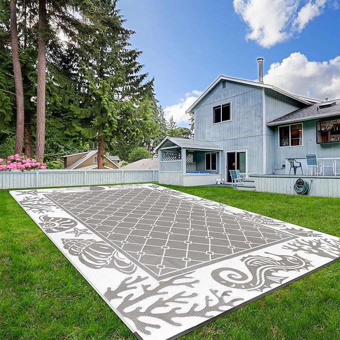 Vaukki Reversible Rugs, Plastic Straw Outdoor Doormat, Fade Resistant Plastic Outdoor Patio Mat, Lightweight Ocean Area Carpet for Patio, RV, Camping, Beach, Deck, Backyard and Picnic (Grey, 10'x14')