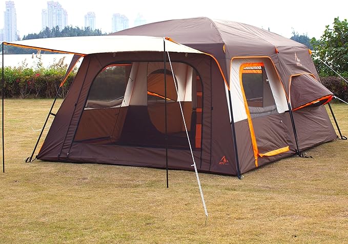 KTT Extra Large Tent 12 Person,2 Bay-Windows,Family Cabin Tents,14'Lx10'Wx6.58'H,2 Rooms and 3 Doors 3 Windows with Mesh,Waterproof,Straight Wall,Big Tent for Outdoor,Picnic,Camping,Gathering