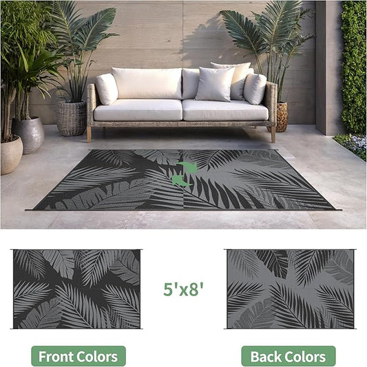 Outdoor Rug 5' x 8' for Patio Waterproof Clearance, Reversible Indoor Outdoor Plastic Straw Camping Rug Carpet, RV Mat, Large Area Rug for Deck, Backyard, Balcony, Porch, Beach, Black and Grey