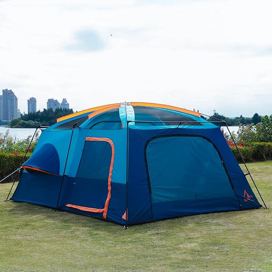 KTT Extra Large Tent 12 Person,2 Bay-Windows,Family Cabin Tents,14'Lx10'Wx6.58'H,2 Rooms and 3 Doors 3 Windows with Mesh,Waterproof,Straight Wall,Big Tent for Outdoor,Picnic,Camping,Gathering