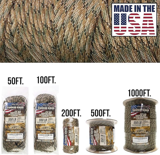 TOUGH-GRID Premium Mixed Camo Paracord 550 lbs Made in USA Outdoor Survival Nylon Rope Tactical Heavy Duty Strands Parachute Cord Used by US Military Type III Mil-Spec