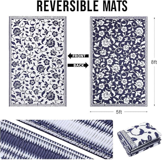 OLANLY Waterproof Outdoor Rug 5x8 ft, Outdoor Plastic Straw Rug with Flower Pattern, Reversible RV Mat for Patio, Camping, Balcony, Deck, Backyard, Navy & White