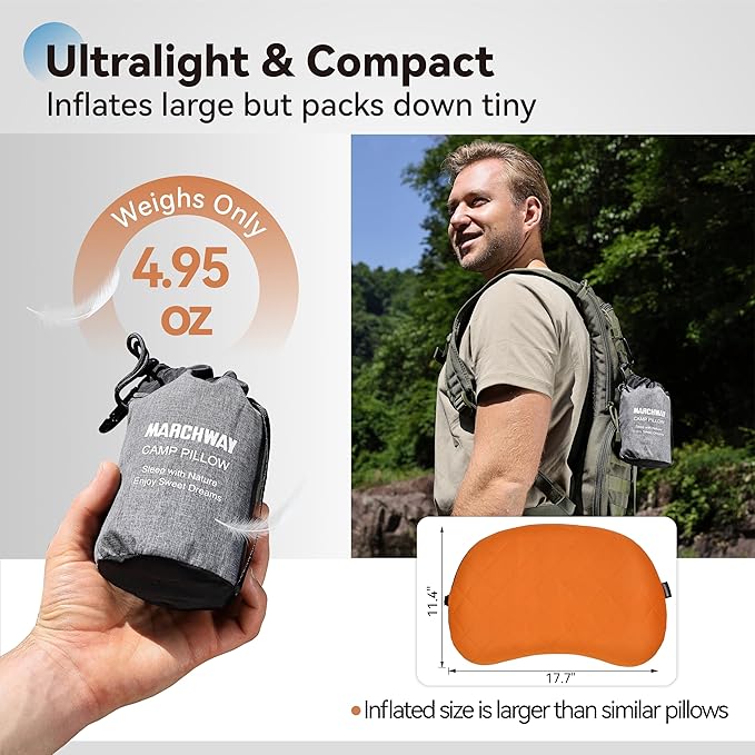 MARCHWAY Ultralight Inflatable Camping Pillow with Soft Washable Cover, Compact Compressible Portable Travel Air Pillow for Outdoor Camp, Sport, Hiking, Backpacking Sleep (Orange)