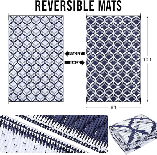 OLANLY Reversible Outdoor Rug 8x10 ft Clearance, Waterproof Outdoor Plastic Straw Rug with Interlacing Pattern, RV Mat for Patio, Camping, Balcony, Deck, Backyard, Navy & White