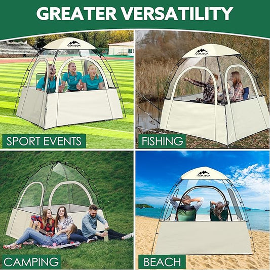 Sports Tent, 2-3 Person Outdoor Tent, 540° Transparent View,Waterproof/Coldproof, with Removable Top Cover, for Watching Sporting Events, Camping, Outdoor Activities (Khaki&Black) (Khaki)