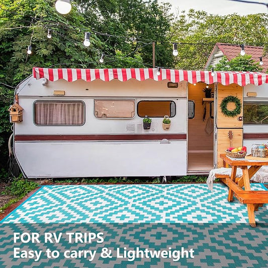 Outdoor Patio Plastic Straw Rug - 8'x10' Outdoor Camping Rug Waterproof Reversible, Area Carpet Patios Clearance RV, Outside Porch Balcony Deck for Camper, Blue & White