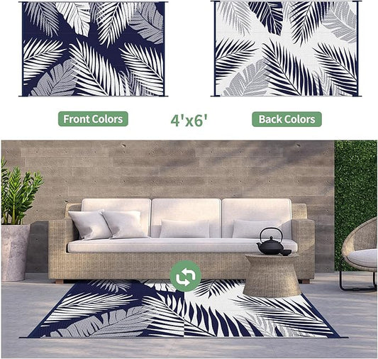 GENIMO Outdoor Rug 4' x 6' Waterproof for Patios Clearance, Reversible Outdoor Plastic Straw Camping Rug Carpet, Large Area Rugs Mats for RV, Camper, Deck, Balcony, Porch, Beach, Navy Blue&White