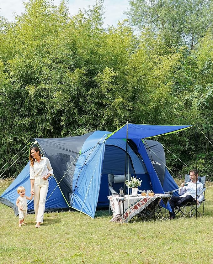 8 Person Larger Extended Dome Camping Tent with 3 Rooms, Waterproof Semi-Freestanding Family Outdoor Tent with Spacious Interior and Mesh Windows