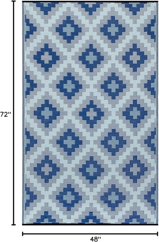 FH Home Outdoor Rug - Waterproof, Fade Resistant, Reversible - Premium Recycled Plastic - Geometric - Patio, Deck, Porch, Balcony, Laundry Room - Aztec Kilim - Blue Multi Crease Free - 4 x 6 ft