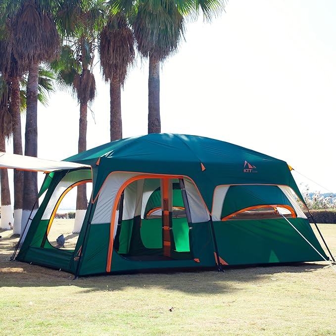 KTT Extra Large Tent 12 Person,2 Bay-Windows,Family Cabin Tents,14'Lx10'Wx6.58'H,2 Rooms and 3 Doors 3 Windows with Mesh,Waterproof,Straight Wall,Big Tent for Outdoor,Picnic,Camping,Gathering