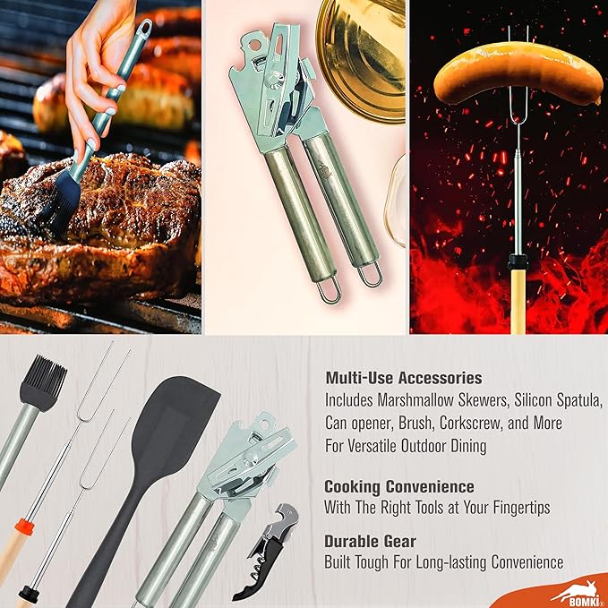 BOMKI Grilling and Camping Cooking Utensils Set for The Outdoors BBQ - Camping Utensil Set Camping Kitchen Set Cookware Accessories Camping Essentials Camping Stuff Camp Cooking Set (Black Pro)