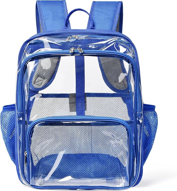 Clear Backpack, 15'' Clear Backpacks for School Heavy Duty See Through Bookbag Multi-pocket PVC Backpack for Men Women, Blue