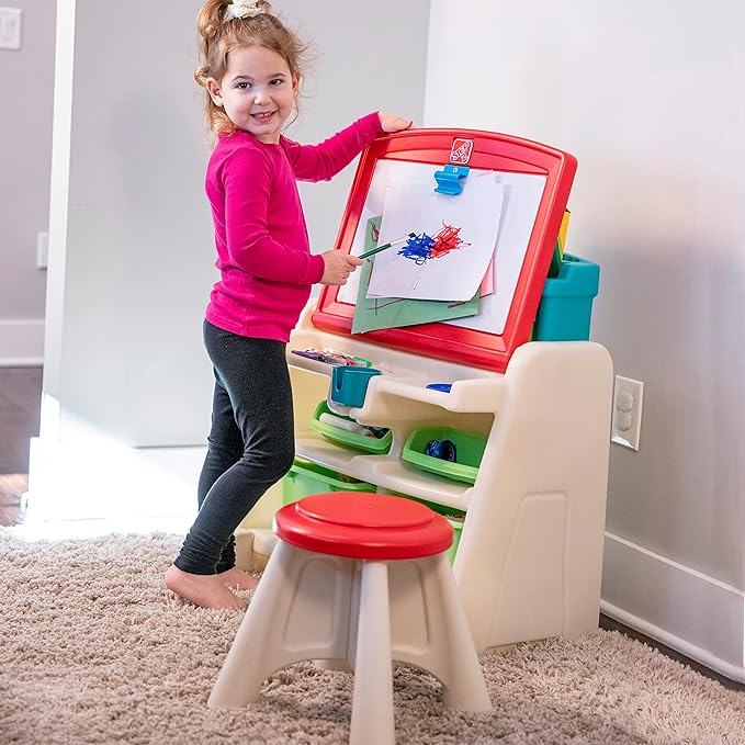 Step2 Flip & Doodle Easel Desk With Stool, Kids 2 in 1 Activity Table, Art Board, Made of Durable Plastic, For Toddlers 2+ Years Old