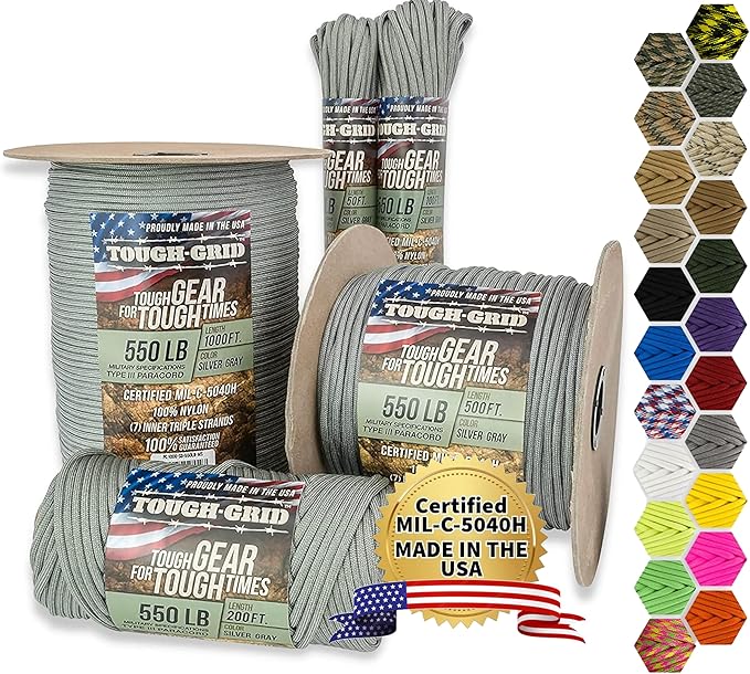 TOUGH-GRID Premium 550lb Paracord Rope - 100Ft White - 100% Nylon Type III Mil-Spec - UV & Abrasion Resistant - Heavy Duty Strands - Outdoor Survival Rope - Used by US Military - Made in USA