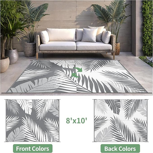 Outdoor Rug 8' x 10' for Patio Waterproof Clearance, Reversible Indoor Outdoor Plastic Straw Camping Rug Carpet, RV Mat, Large Area Rug for Deck, Backyard, Balcony, Porch, Beach,Grey and White