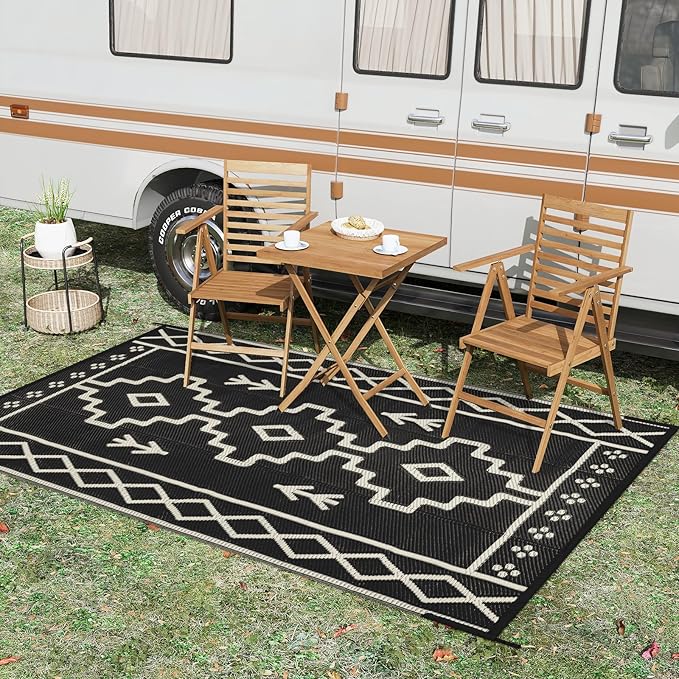 Uphome Outdoor Rug Mat Waterproof 5x8 ft, Reversible Outdoor Plastic Straw Rug, Black Boho Patio Rug, Foldable RV Camping Rug, Indoor Outdoor Area Rug for Backyard Deck Pool Balcony Picnic, 5'x8'