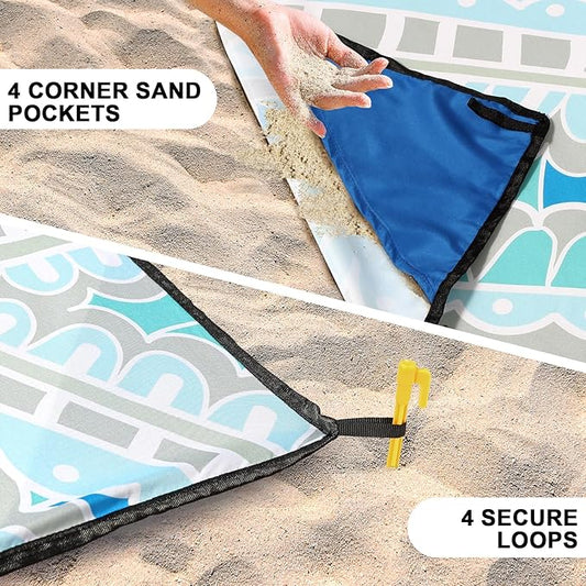 Beach Blanket Sandproof Extra Large Beach Mat Adults Waterproof Quick Drying Sand Free Mat Made by Premium Polyester with 4 Stakes & 4 Corner Pockets for Outdoor Travel Camping Hiking