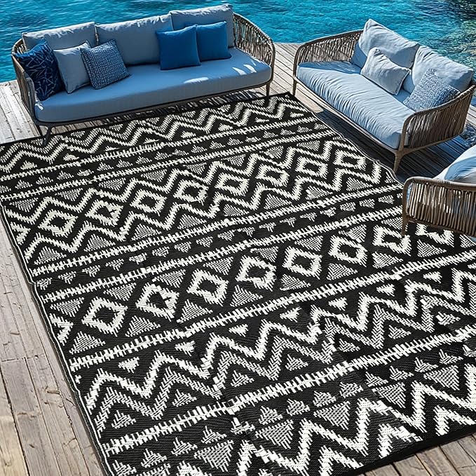 Waterproof Outdoor Rug 8x10 ft, Reversible Plastic Straw Rug, Easy to Clean Patio Rug, Portable Carpet for Patio, RV, Deck, Balcony, Backyard, Picnic, Beach, Geometric Diamond, Gray