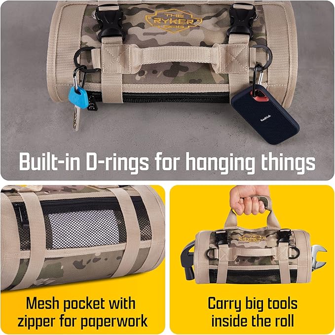 The Ryker Roll Up Tool Bag Organizer Gifts for Dad. Heavy Duty Motorcycle Tool Roll Bag Organizer. Portable Rollup Toolbag w/Detachable Pouches - Tools Bags Mens gifts for him/Mechanic - Camouflage