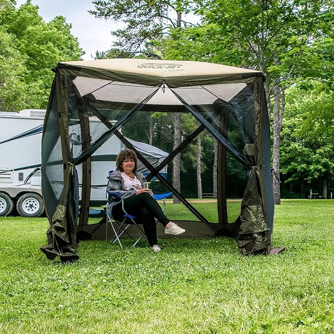 CLAM Pop Up Screen Tent, Outdoor Camping Gazebo Canopy, Traveler, 6', Green/Tan