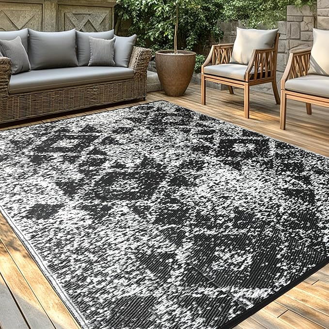 Waterproof Outdoor Rug 6x9 ft, Reversible Plastic Straw Rug, Easy to Clean Patio Rug, Portable Carpet for Patio, RV, Deck, Balcony, Backyard, Picnic, Beach, Mosaic, Gray
