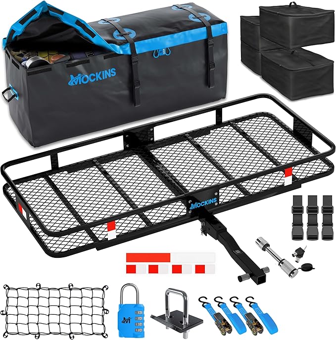 Mockins 60"x20"x6" Trailer Hitch Cargo Carrier w/16 CuFt Soft Vinyl Waterproof Cargo Bag & 4 Packing Cubes | 500 Lbs. Capacity Folding Luggage Rack for SUV/Car & Waterproof Truck Bed Storage Bag Set