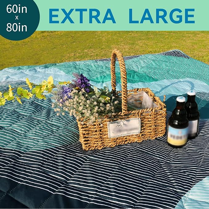 Whale Flotilla Extra Large Waterproof Picnic Blankets 60"x80", Foldable Lightweight Outdoor Blanket for Camping, Hiking, Traveling, Soft Portable Easy to Clean Picnic Mat for Beach Grass Park, Green