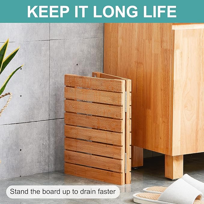 Waterproof Bamboo Bath Mat for Shower, Wooden Floor Mat for Bathroom, Foldable | Non-Slip | Heavy Duty, Shower Mat for Indoor Outdoor, 23.5in x 15.6in