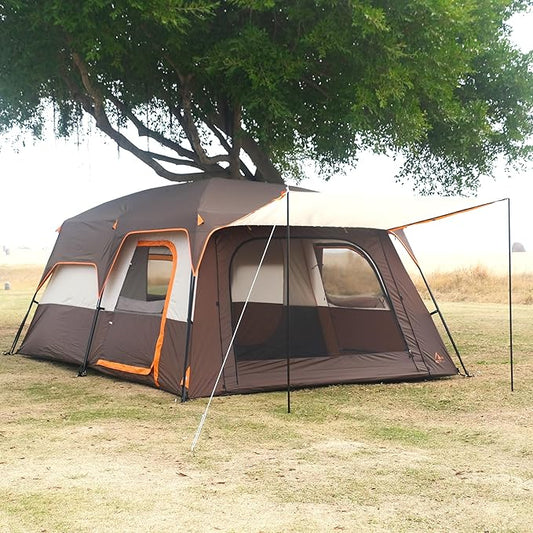 KTT Extra Large Tent 10-12-14 Person(A),Family Cabin Tents,2 Rooms,3 Doors and 3 Windows with Mesh,Straight Wall,Waterproof,Double Layer,Big Tent for Outdoor,Picnic,Camping,Family Gathering