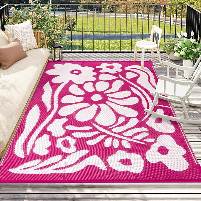 Wonnitar Outdoor Rug 6x9, Waterproof RV Outdoor Rugs for Camping, Reversible Plastic Straw Outside Camping Rug Large Portable Abstract Floral Picnic Mat for Camper Garden Beach Camp (Pink, 6'x9')