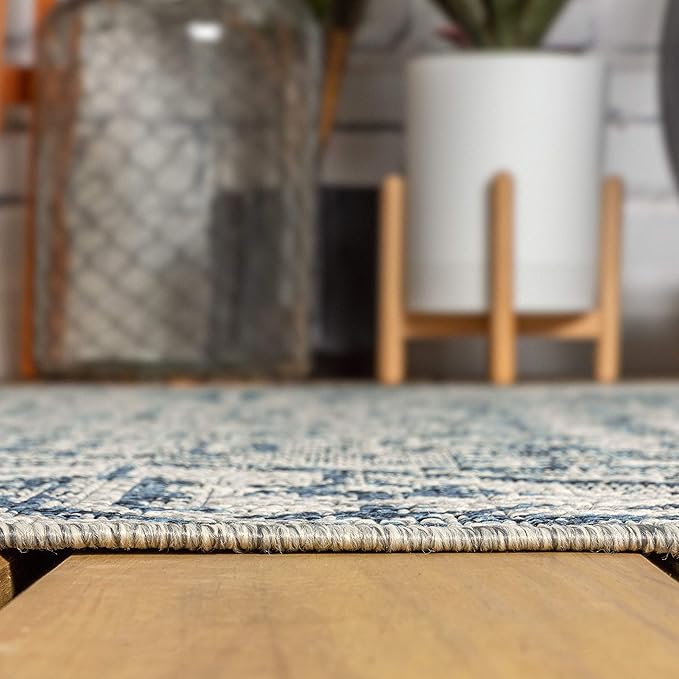 JONATHAN Y SMB105B-214 Estrella Bohemian Medallion Textured Weave Indoor/Outdoor Runner Rug, Coastal, Traditional, Vintage for Bedroom, Kitchen, Living Room, Easy-Cleaning, Navy/Gray, 2 ft. x 14 ft.