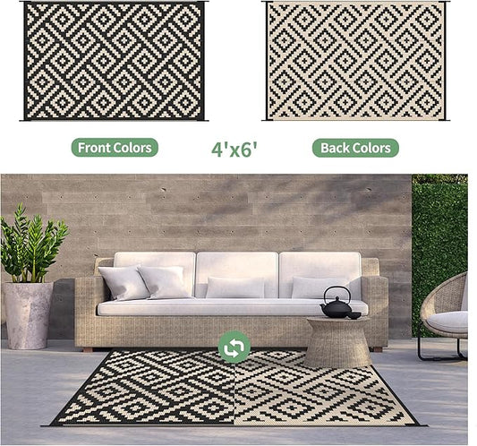 GENIMO Outdoor Rug 4'x6' Waterproof, Reversible Camping Mat, Plastic Straw Rugs for Patio, RV, Camper, Balcony, Backyard, Picnic, Deck (Black & Beige)