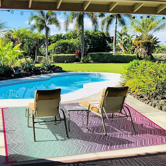 Lahome Outdoor Plastic Straw Rug, Reversible Outdoor Rug Waterproof 6x9 Patio Rugs, Camping Rugs for RV Backyard Deck Porch Picnic Beach Trailer (Pink/Green, 6' x 9')