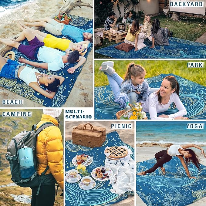 Beach Blanket Sandproof Waterproof 78''ร81''1-5Adults Oversized,Compact Lightweight Durable Beach Mat for Travel Camping Hiking Picnic Blanket