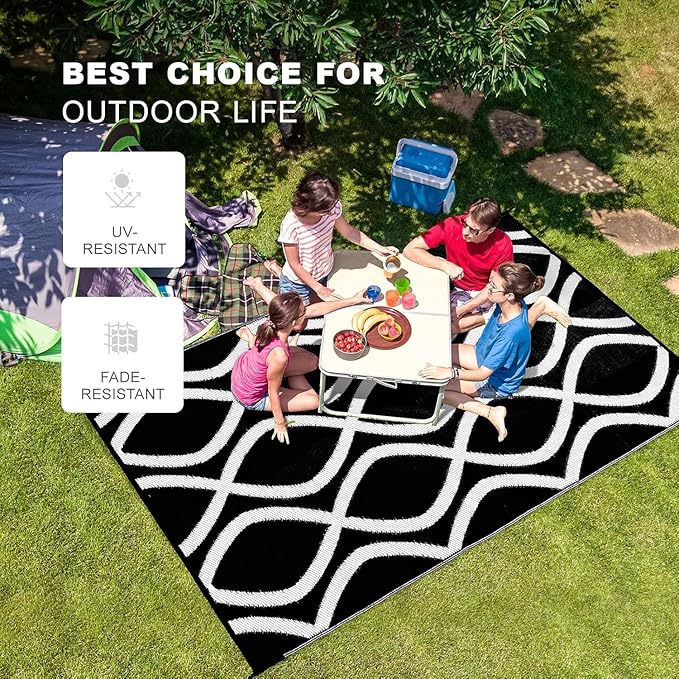 wikiwiki Outdoor Rug, 5x8ft Waterproof Reversible Mat Indoor Outdoor Rugs Carpet, Small Area Rug Plastic Straw Rug for Patio Deck Balcony Pool RV Camping Beach Picnic, Black & White, Rugscape Series