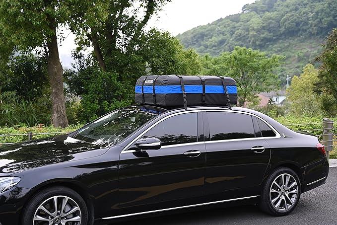 MARCHWAY Waterproof Car Roof Luggage Bag, Weatherproof Soft Shell Rooftop Cargo Carrier Bag for Vehicles with or Without Rack. 6 Door Hooks, Anti Slip Mat, Lock Included (21 Cubic Feet, Blue)