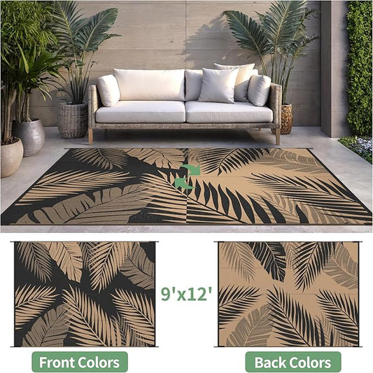 Outdoor Rug 9' x 12' for Patio Waterproof Clearance, Reversible Indoor Outdoor Plastic Straw Camping Rug Carpet, RV Mat, Large Area Rug for Deck, Backyard, Balcony, Porch, Beach,Black and Brown