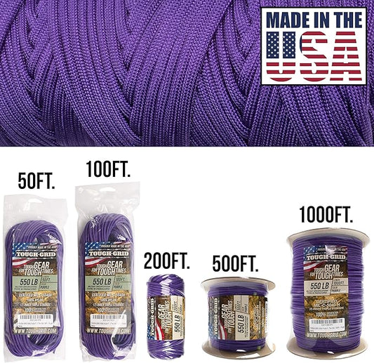 TOUGH-GRID Premium Purple Paracord 550 lbs Made in USA Outdoor Survival Nylon Rope Tactical Heavy Duty Strands Parachute Cord Used by US Military Type III Mil-Spec