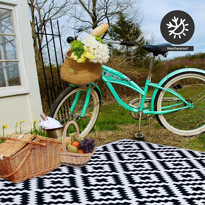 FH Home Outdoor Camping Rug - Waterproof, Fade Resistant, Reversible - Premium Recycled Plastic - Geometric - Large Patio, Deck, Sunroom, RV - Aztec - Black & White - 9 x 18 ft Foldable